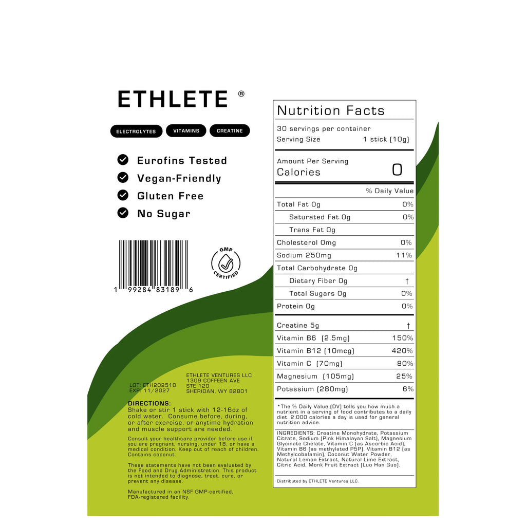 Ethlete Electrolytes + Creatine (30 sticks) Lemon Lime