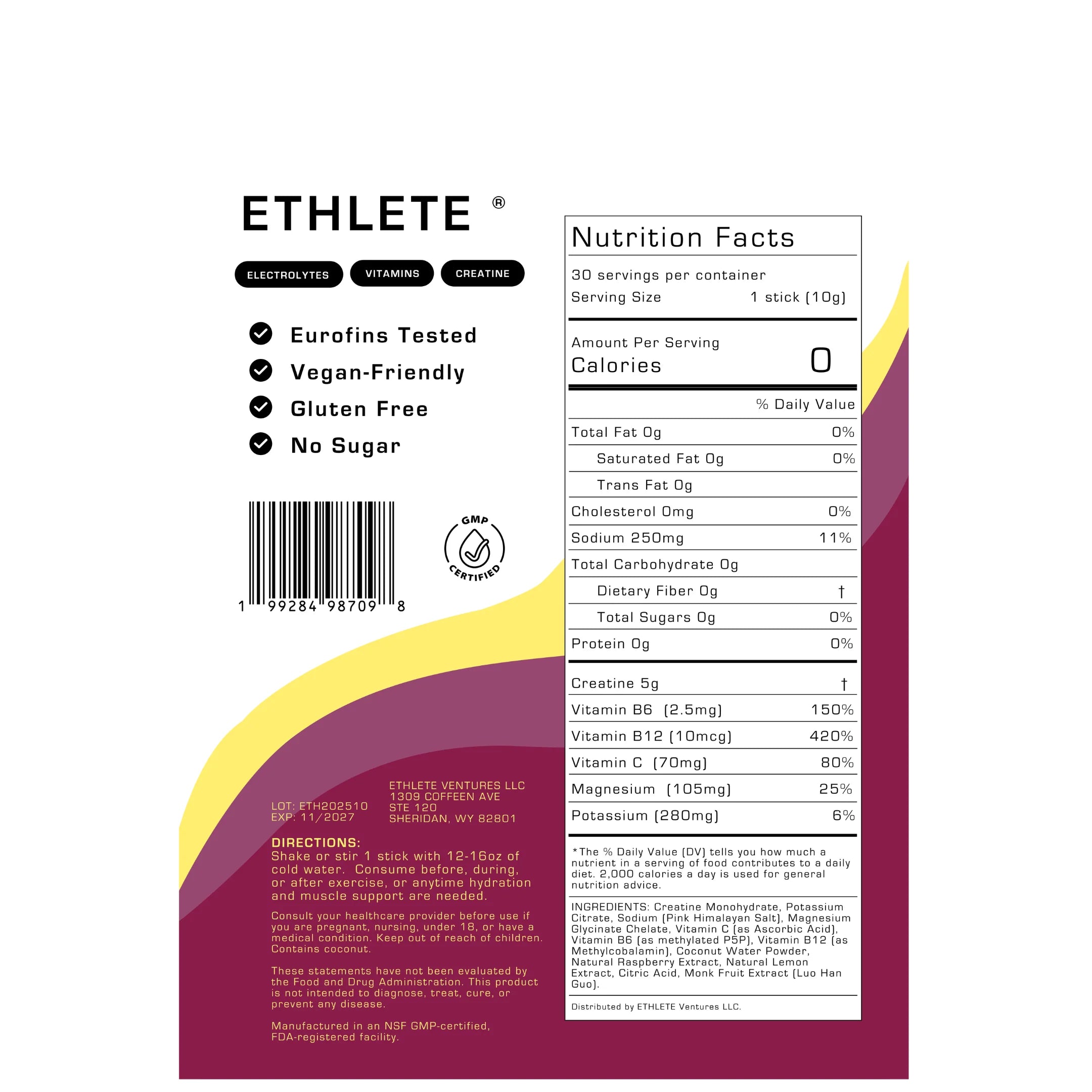 Ethlete Electrolytes + Creatine (30 sticks) Raspberry Lemon